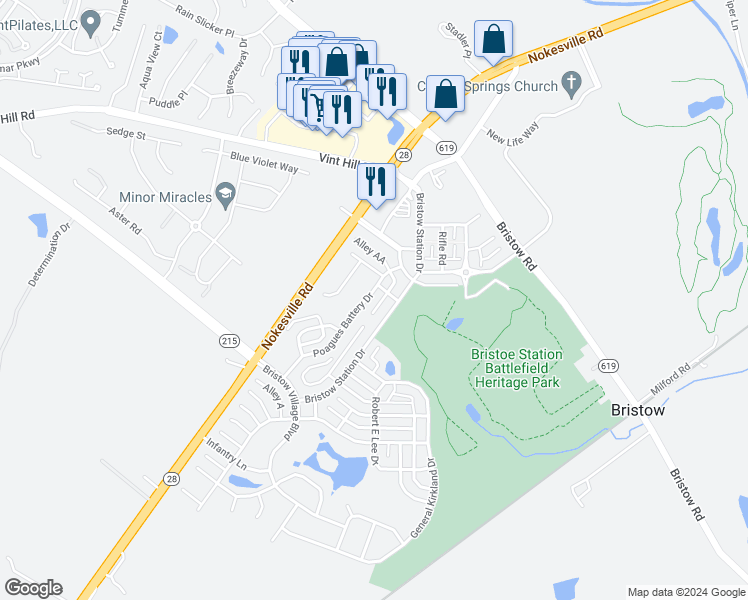 map of restaurants, bars, coffee shops, grocery stores, and more near 10533 Poagues Battery Drive in Bristow