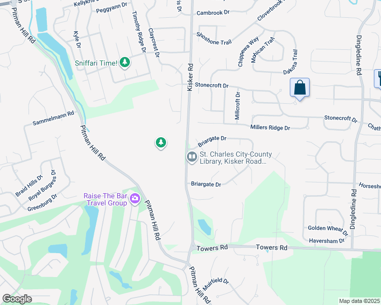 map of restaurants, bars, coffee shops, grocery stores, and more near 4508 Briargate Drive in Saint Charles