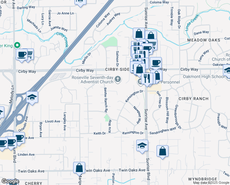 map of restaurants, bars, coffee shops, grocery stores, and more near 448 Misty Haven Court in Roseville
