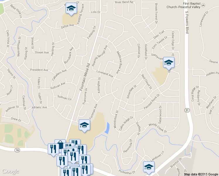 map of restaurants, bars, coffee shops, grocery stores, and more near 7270 Medicine Bow Avenue in Fountain