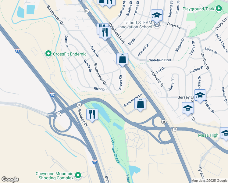 map of restaurants, bars, coffee shops, grocery stores, and more near 7215 Alegre Circle in Fountain