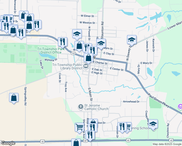 map of restaurants, bars, coffee shops, grocery stores, and more near 300 South Main Street in Troy