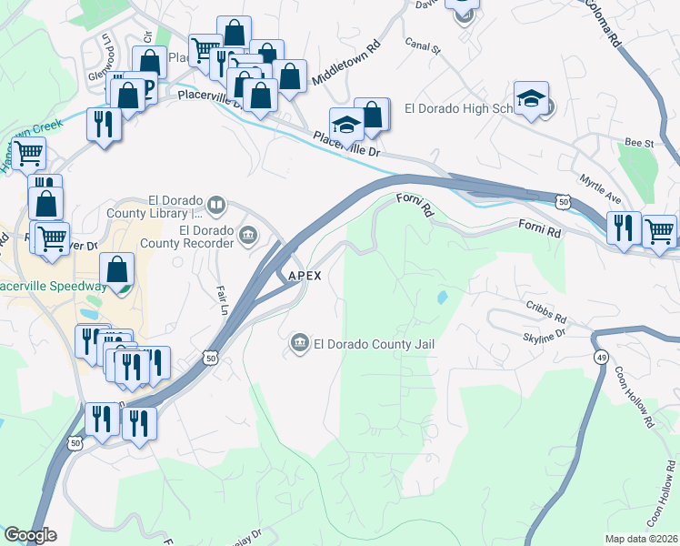 map of restaurants, bars, coffee shops, grocery stores, and more near 3076 Gold Nugget Way in Placerville
