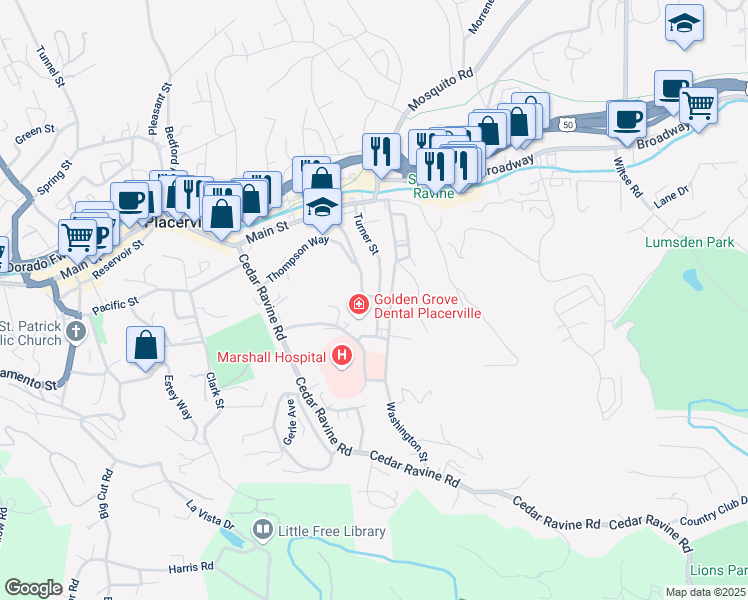 map of restaurants, bars, coffee shops, grocery stores, and more near 1112 Sherman Street in Placerville