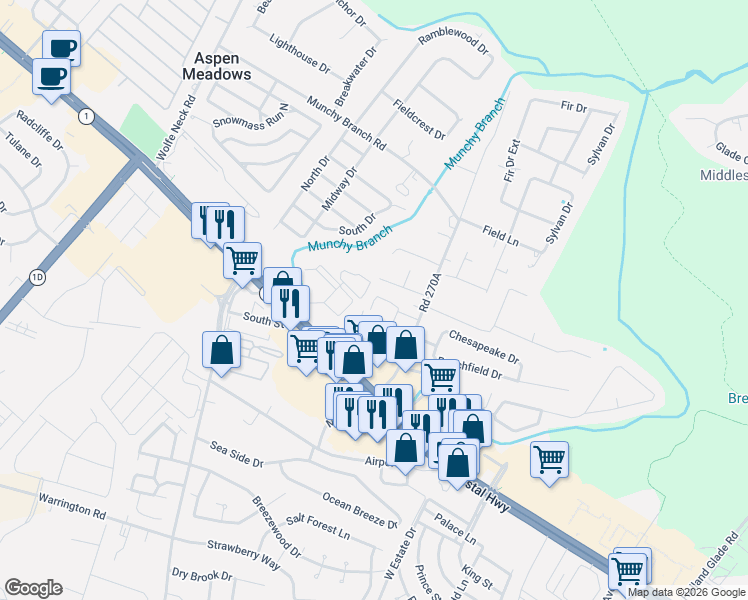 map of restaurants, bars, coffee shops, grocery stores, and more near 35980 Delpany Street in Rehoboth Beach