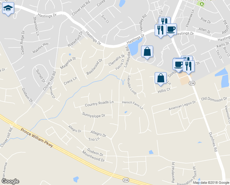 map of restaurants, bars, coffee shops, grocery stores, and more near 10507 Cedar Creek Dr in Manassas