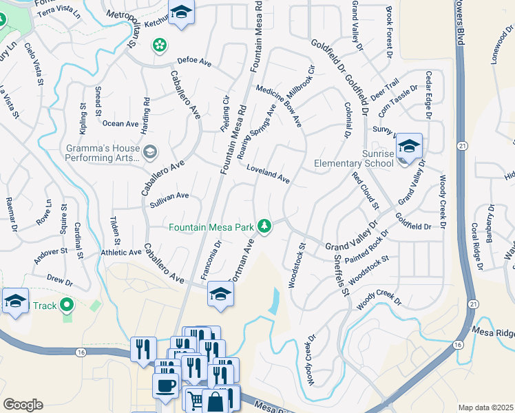 map of restaurants, bars, coffee shops, grocery stores, and more near 7235 Killington Street in Fountain