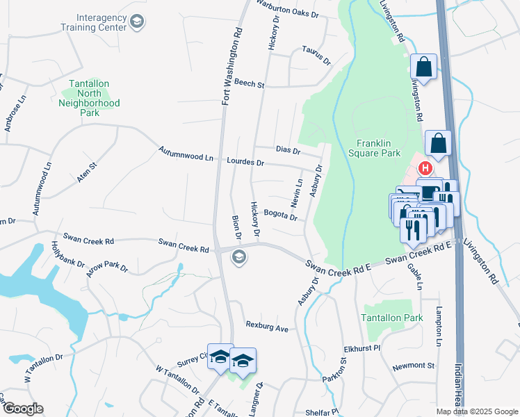 map of restaurants, bars, coffee shops, grocery stores, and more near 300 Bogota Drive in Fort Washington