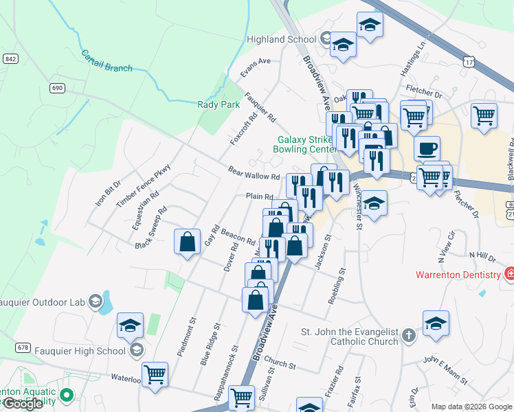 map of restaurants, bars, coffee shops, grocery stores, and more near 349 Dover Rd in Warrenton