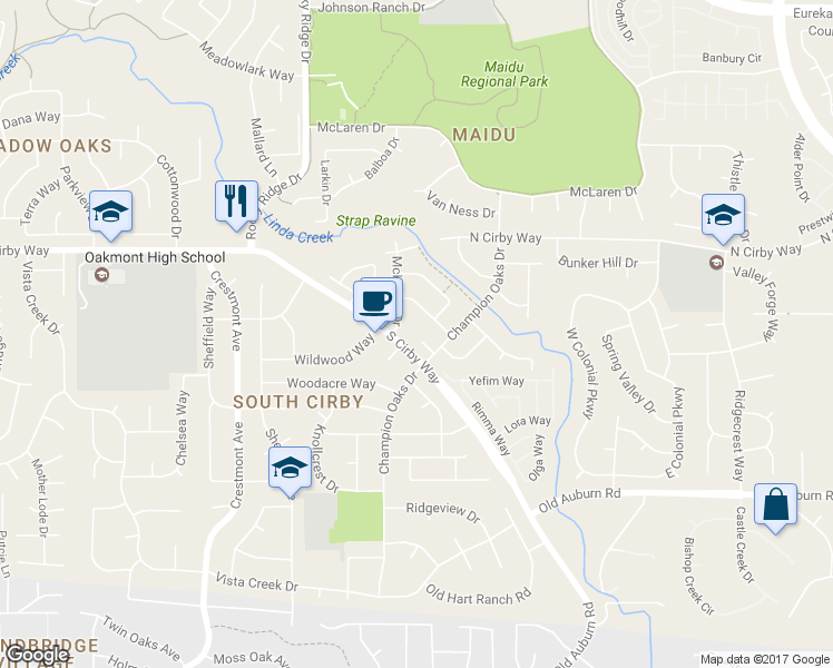 map of restaurants, bars, coffee shops, grocery stores, and more near 2017 Rebecca Court in Roseville