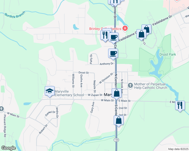 map of restaurants, bars, coffee shops, grocery stores, and more near 544 Nepute Street in Maryville