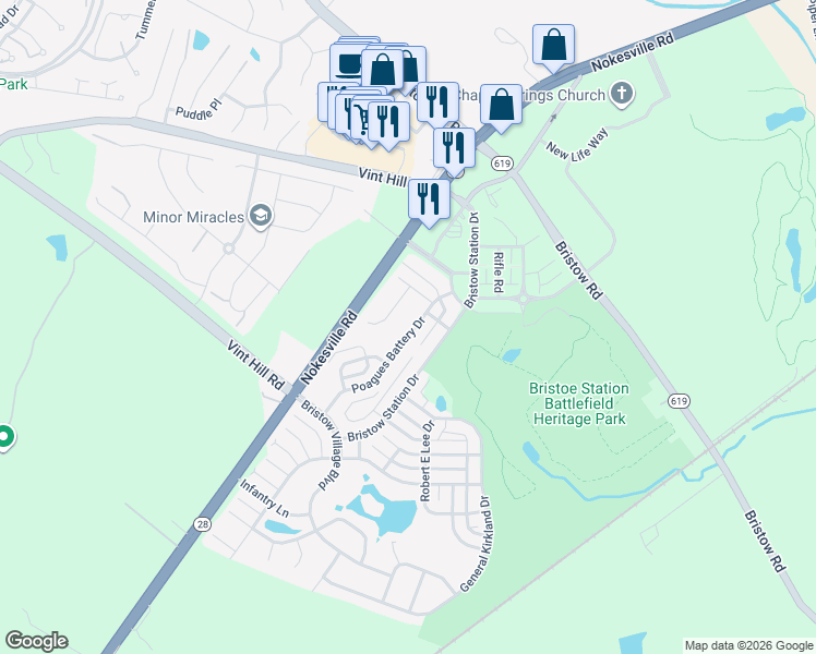 map of restaurants, bars, coffee shops, grocery stores, and more near 10540 Poagues Battery Drive in Bristow