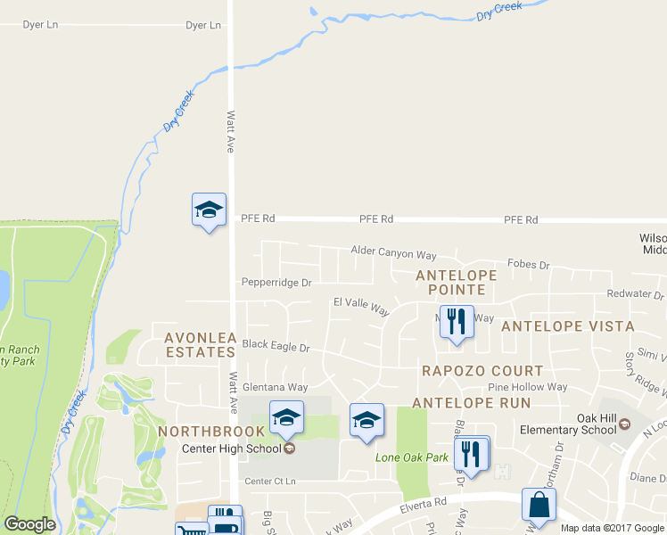 map of restaurants, bars, coffee shops, grocery stores, and more near 8651 Raven Hill Way in Antelope
