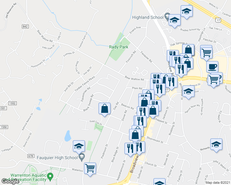map of restaurants, bars, coffee shops, grocery stores, and more near 325 Fox Chase St in Warrenton