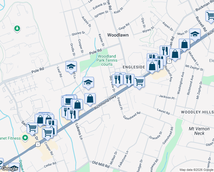 map of restaurants, bars, coffee shops, grocery stores, and more near 8503 Towne Manor Court in Alexandria