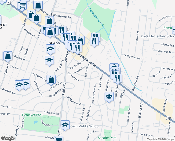 map of restaurants, bars, coffee shops, grocery stores, and more near 3624 San Jose Lane in Saint Ann