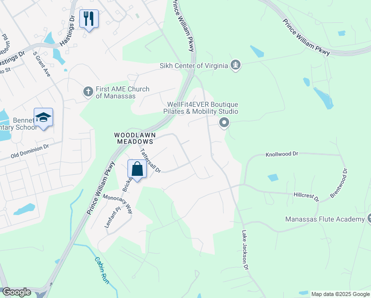 map of restaurants, bars, coffee shops, grocery stores, and more near 8364 Mineral Springs Drive in Manassas