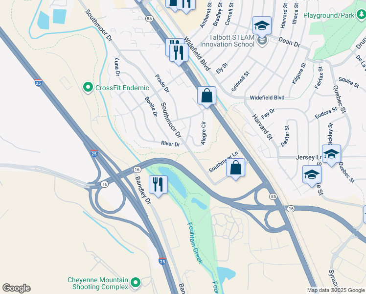 map of restaurants, bars, coffee shops, grocery stores, and more near 1890 River Drive in Fountain