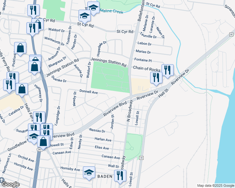 map of restaurants, bars, coffee shops, grocery stores, and more near 9124 Jordan Street in St. Louis