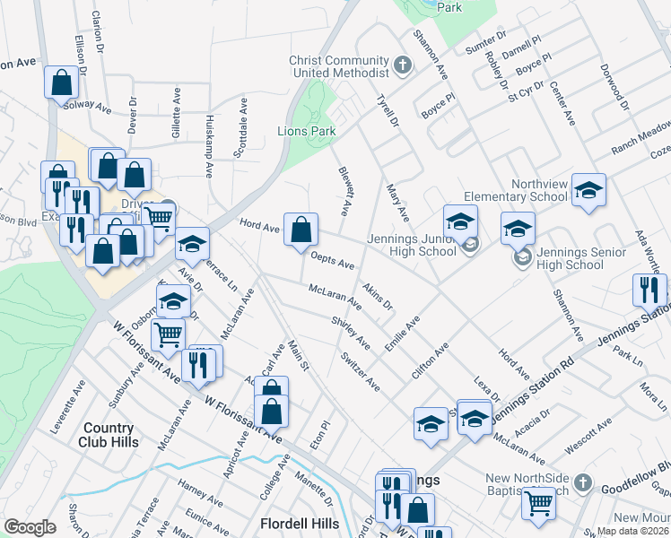 map of restaurants, bars, coffee shops, grocery stores, and more near 2524 Oepts Avenue in Jennings
