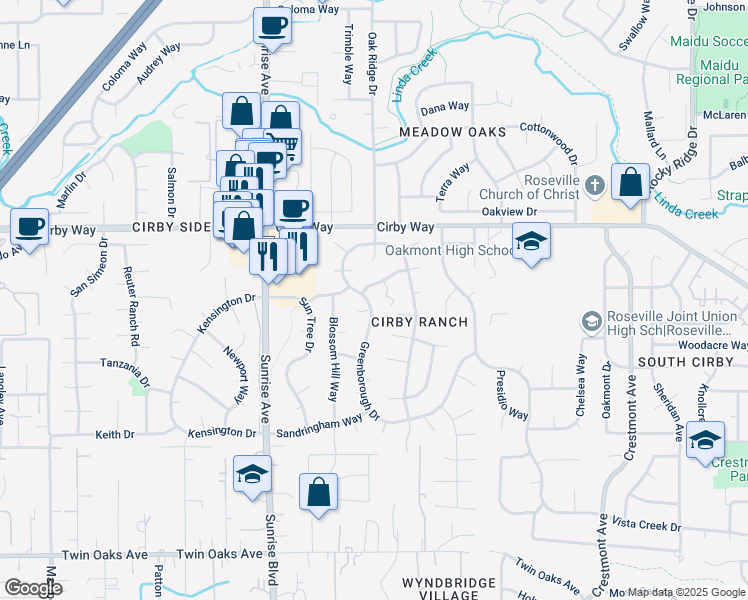 map of restaurants, bars, coffee shops, grocery stores, and more near 1323 Greenborough Drive in Roseville