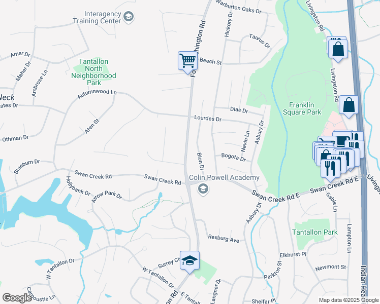 map of restaurants, bars, coffee shops, grocery stores, and more near 12016 Fort Washington Road in Fort Washington