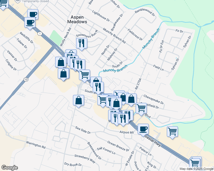 map of restaurants, bars, coffee shops, grocery stores, and more near 100 Cascade Lane in Rehoboth Beach