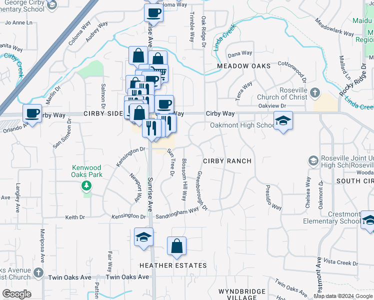 map of restaurants, bars, coffee shops, grocery stores, and more near 1321 Blossom Hill Way in Roseville