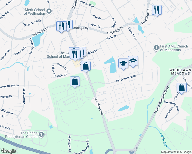 map of restaurants, bars, coffee shops, grocery stores, and more near 8930 Old Dominion Drive in Manassas