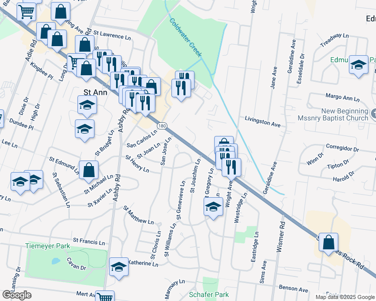 map of restaurants, bars, coffee shops, grocery stores, and more near 3645 Saint Marguerite Lane in Saint Ann