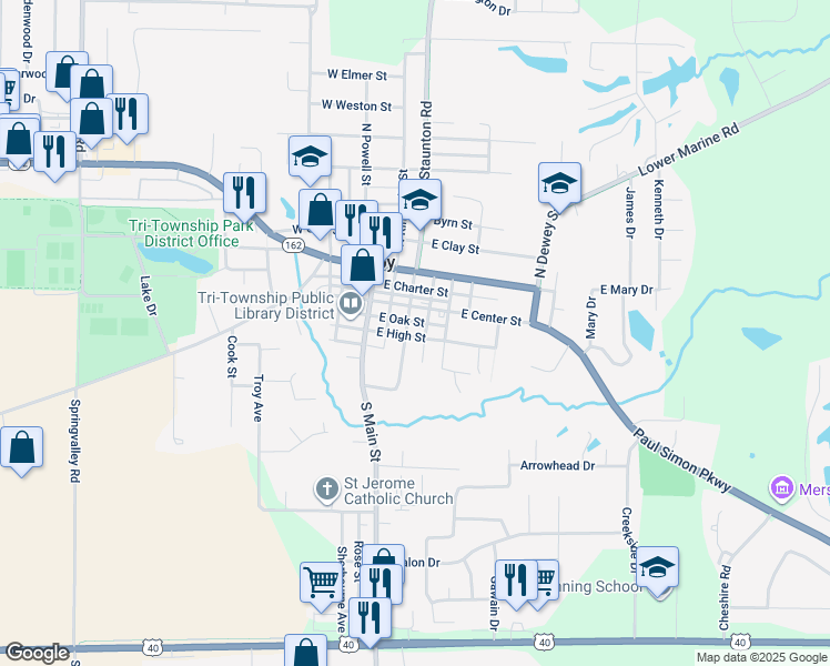 map of restaurants, bars, coffee shops, grocery stores, and more near 208 South Hickory Street in Troy