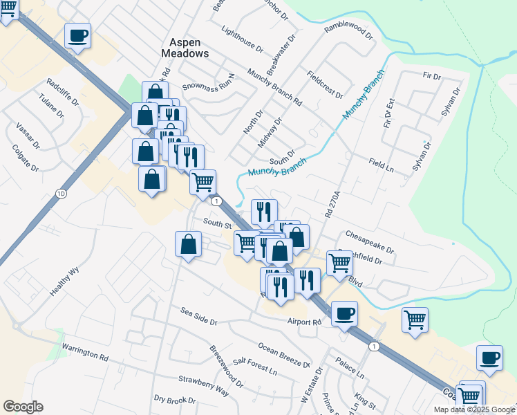 map of restaurants, bars, coffee shops, grocery stores, and more near 100 Cascade Lane in Rehoboth Beach