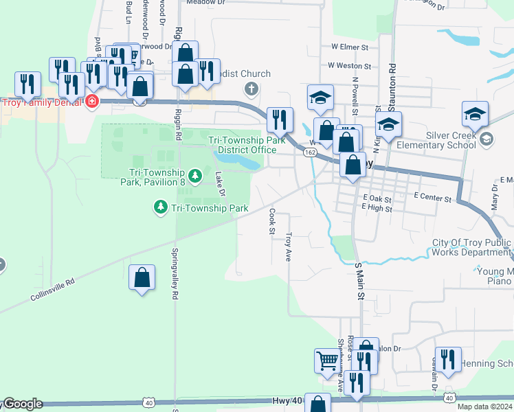 map of restaurants, bars, coffee shops, grocery stores, and more near 201 Cook Street in Troy