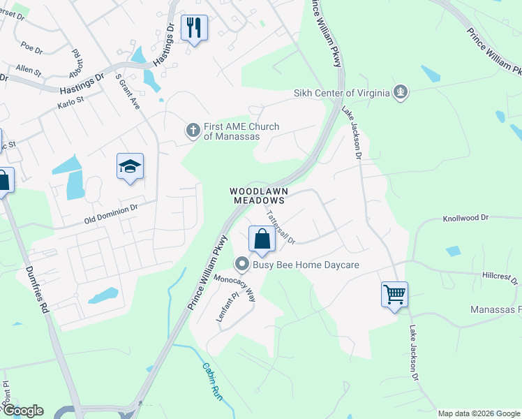 map of restaurants, bars, coffee shops, grocery stores, and more near 10554 Tattersall Drive in Manassas