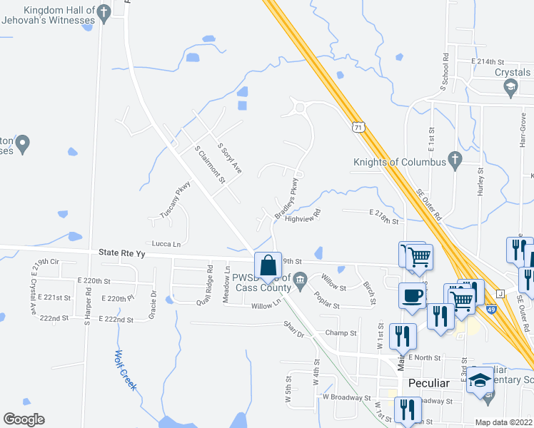 map of restaurants, bars, coffee shops, grocery stores, and more near Westover Road in Peculiar