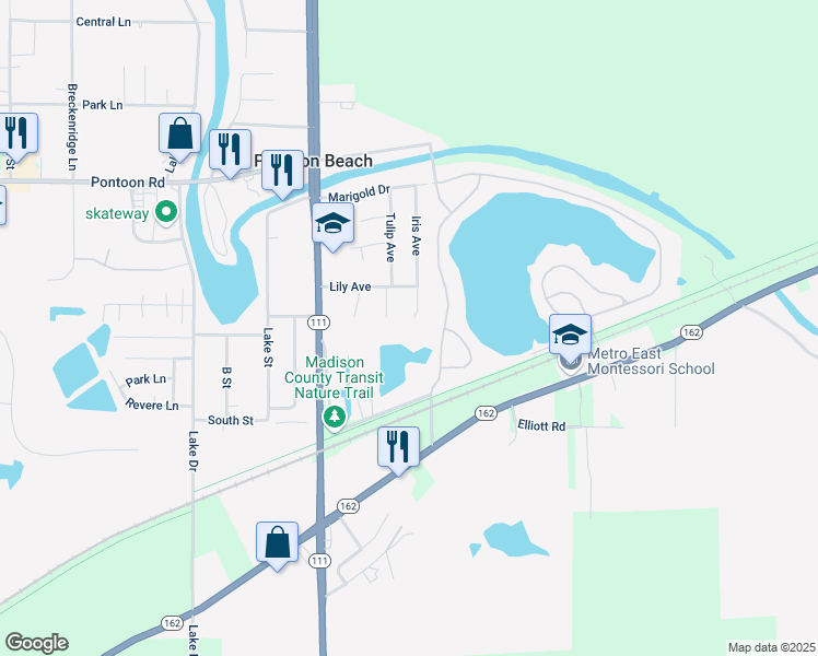 map of restaurants, bars, coffee shops, grocery stores, and more near 47 Iris Avenue in Granite City