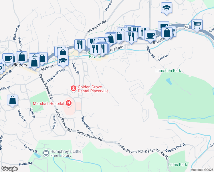 map of restaurants, bars, coffee shops, grocery stores, and more near 3179 Spanish Ravine Road in Placerville