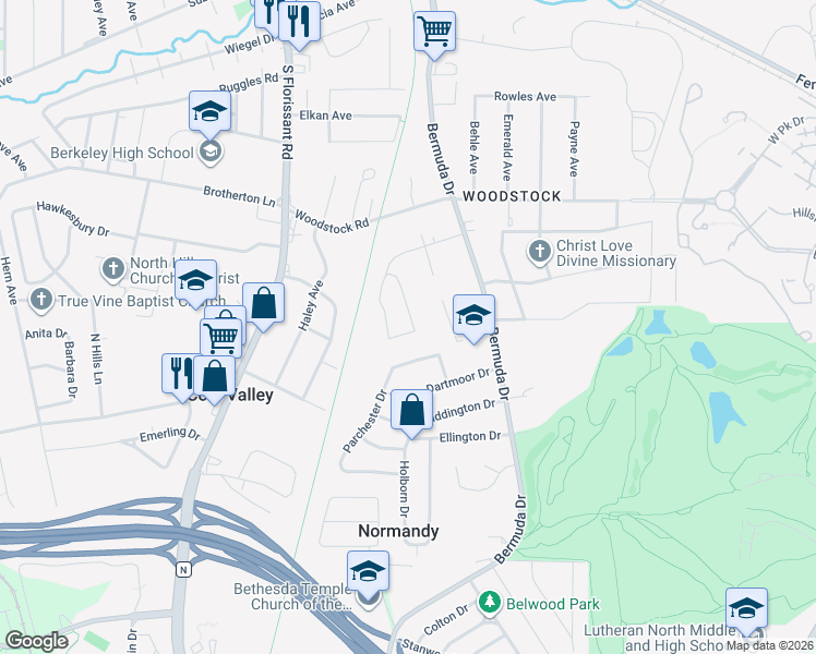 map of restaurants, bars, coffee shops, grocery stores, and more near 7825 Tuxedo Court in St. Louis