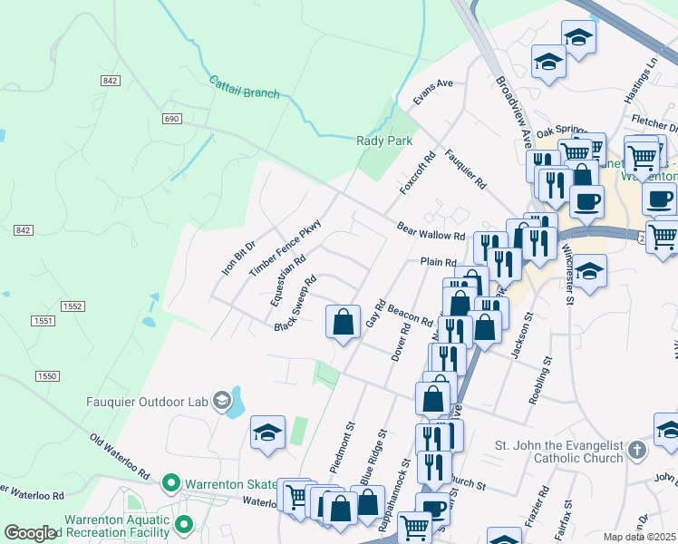 map of restaurants, bars, coffee shops, grocery stores, and more near 713 Black Sweep Road in Warrenton