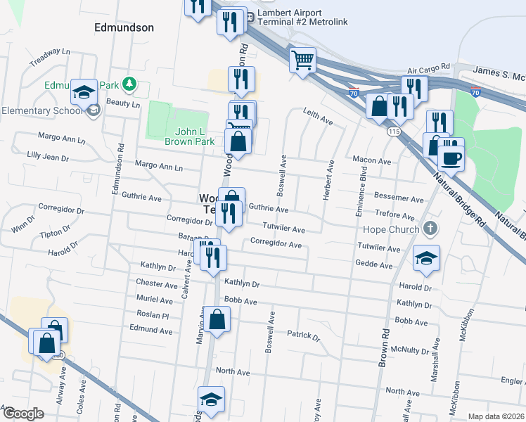 map of restaurants, bars, coffee shops, grocery stores, and more near 9316 Guthrie Avenue in St. Louis
