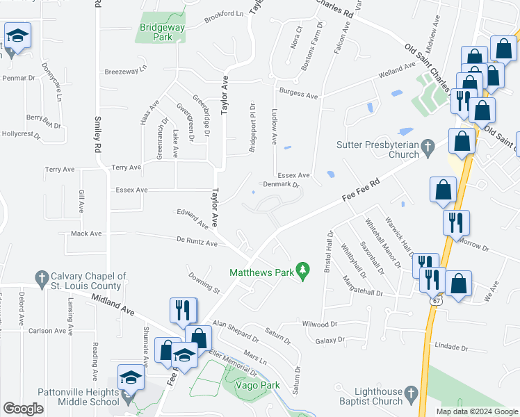 map of restaurants, bars, coffee shops, grocery stores, and more near 3106 Carnaby Lane in Bridgeton