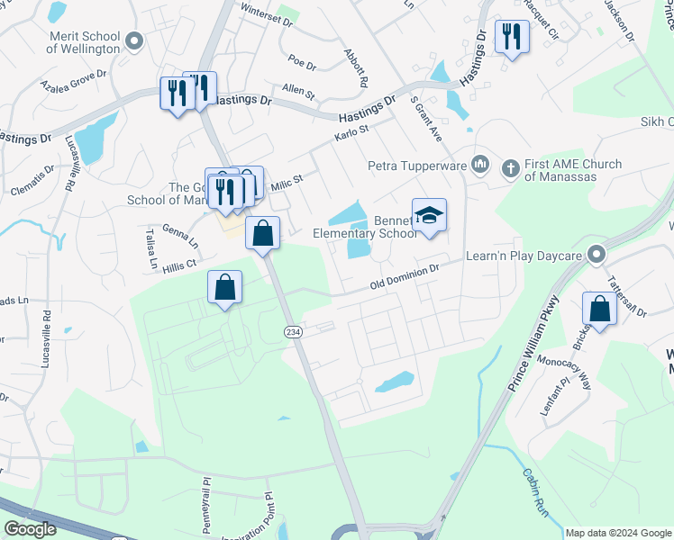 map of restaurants, bars, coffee shops, grocery stores, and more near 10400 Steeplechase Run Lane in Manassas