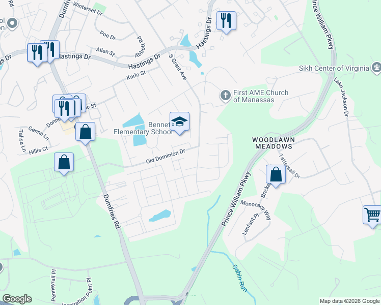 map of restaurants, bars, coffee shops, grocery stores, and more near 8803 Old Dominion Drive in Manassas