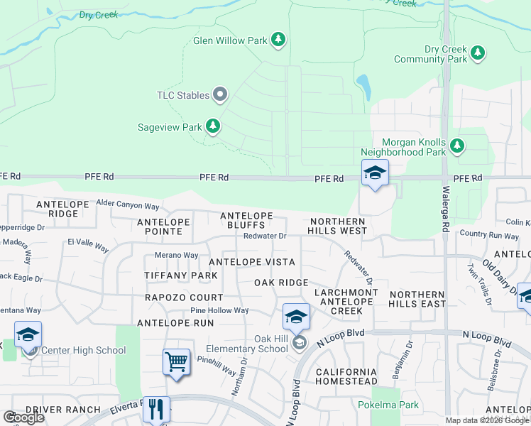 map of restaurants, bars, coffee shops, grocery stores, and more near 8755 Fobes Drive in Antelope