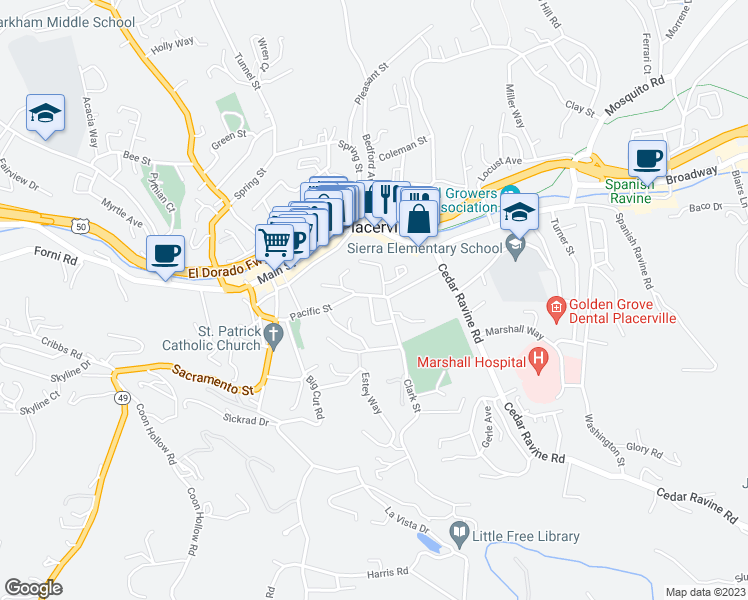 map of restaurants, bars, coffee shops, grocery stores, and more near 916 Pacific Street in Placerville