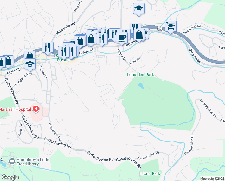 map of restaurants, bars, coffee shops, grocery stores, and more near 3357 Blairs Lane in Placerville