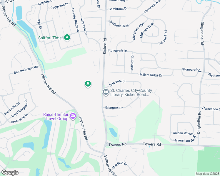 map of restaurants, bars, coffee shops, grocery stores, and more near 4508 Briargate Drive in Saint Charles