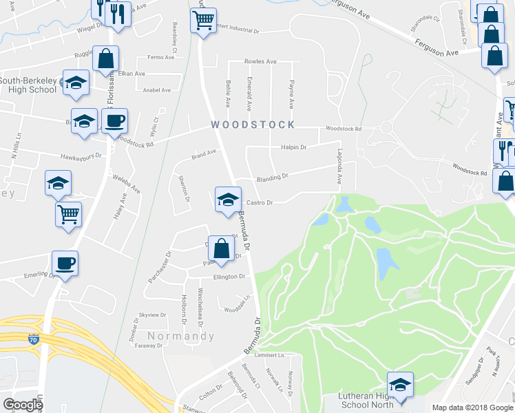map of restaurants, bars, coffee shops, grocery stores, and more near 7550 Castro Drive in Ferguson