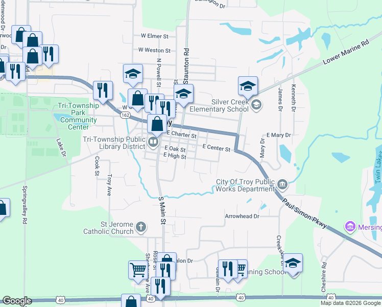 map of restaurants, bars, coffee shops, grocery stores, and more near 208 South Hickory Street in Troy
