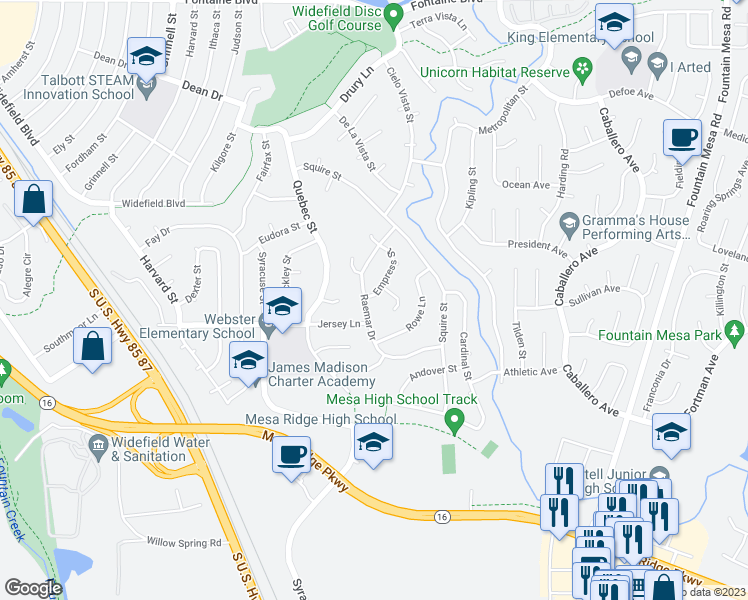 map of restaurants, bars, coffee shops, grocery stores, and more near 605 Raemar Drive in Colorado Springs